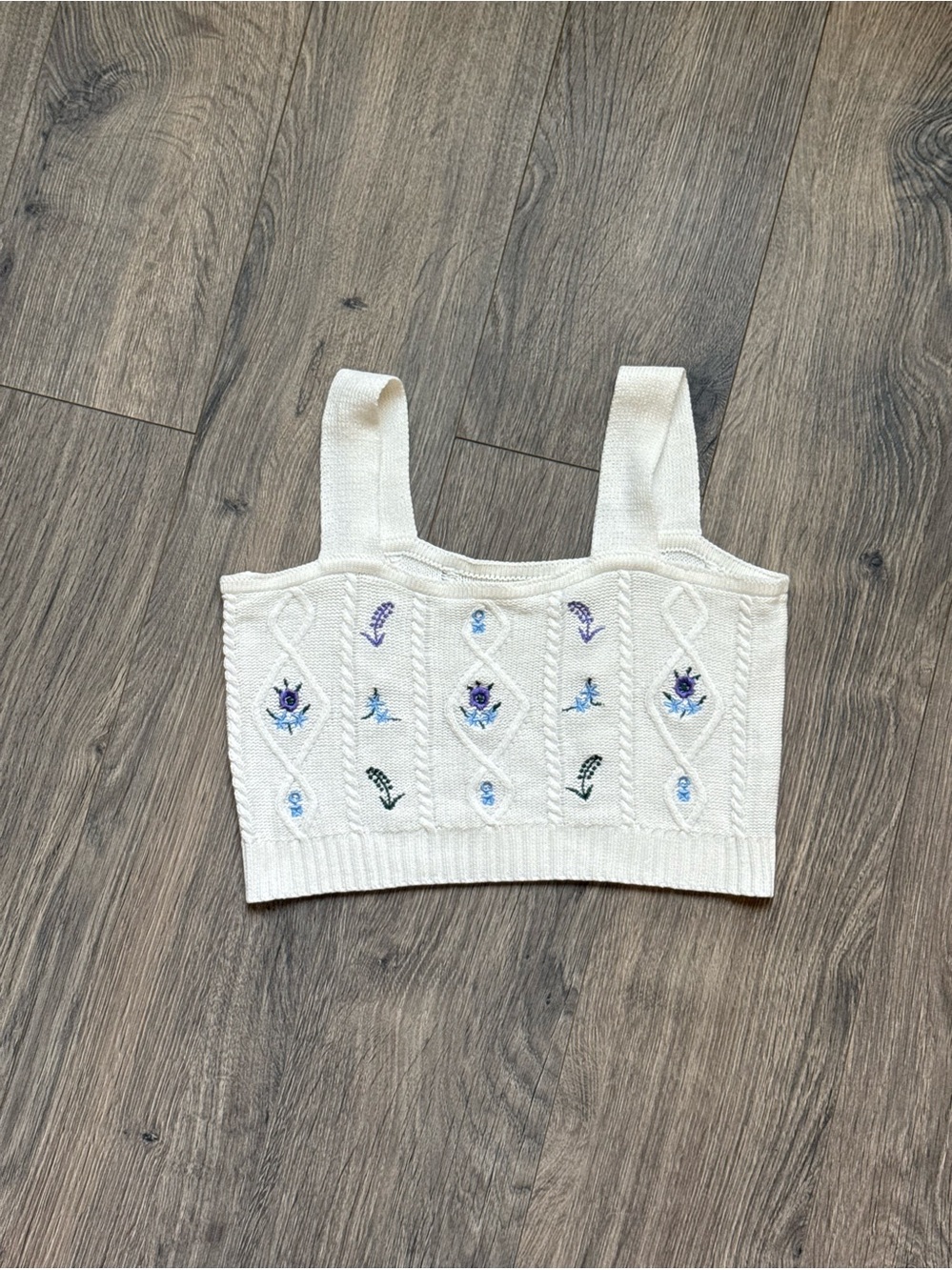 Ivory Cable Knit Floral Embroidered Crop Top Sweater Tank Cottagecore Y2K